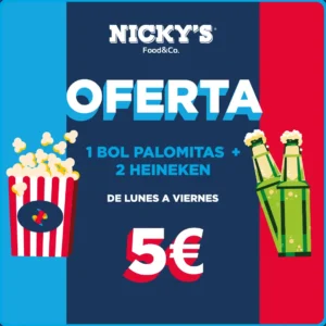 Oferta: de lunes a viernes 1 bol de palomitas + 2 Heineken por 5€