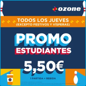 Promoción estudiantes: todos los jueves excepto festivos y vísperas, 1 partida de bolos + bebida por 5€